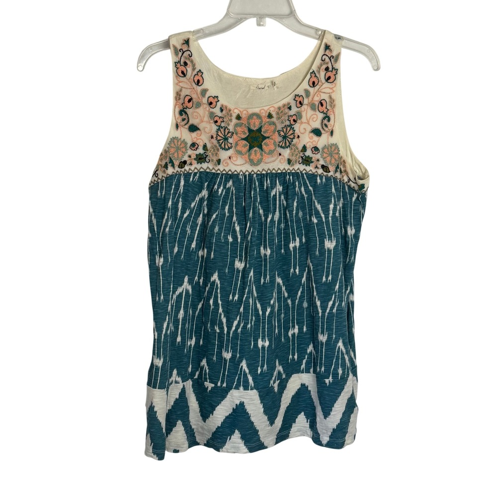 Anthropologie Floreat Embroidered Mesh Ikat Tunic Top Teal Cream Boho Womens M